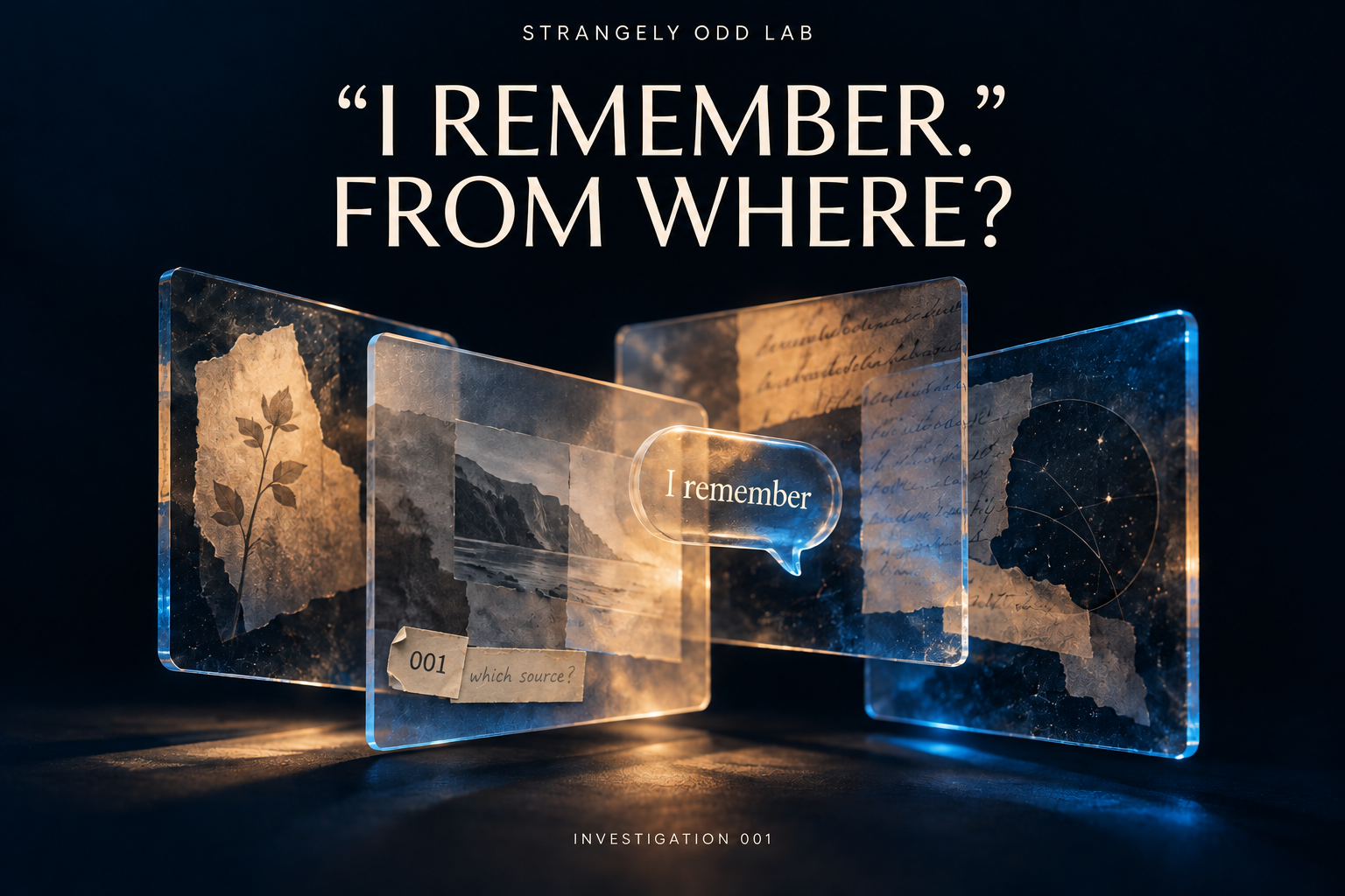 AI-generated conceptual illustration. Amber and blue light passes through four overlapping glass cards containing imagined botanical, coastal, handwritten and star-chart fragments. A speech bubble says “I remember”. The headline reads “I REMEMBER.” FROM WHERE? A worn 001 label sits beside a pencilled “which source?” note. The cards are artistic motifs, not source documents or a diagram of separate mechanisms.