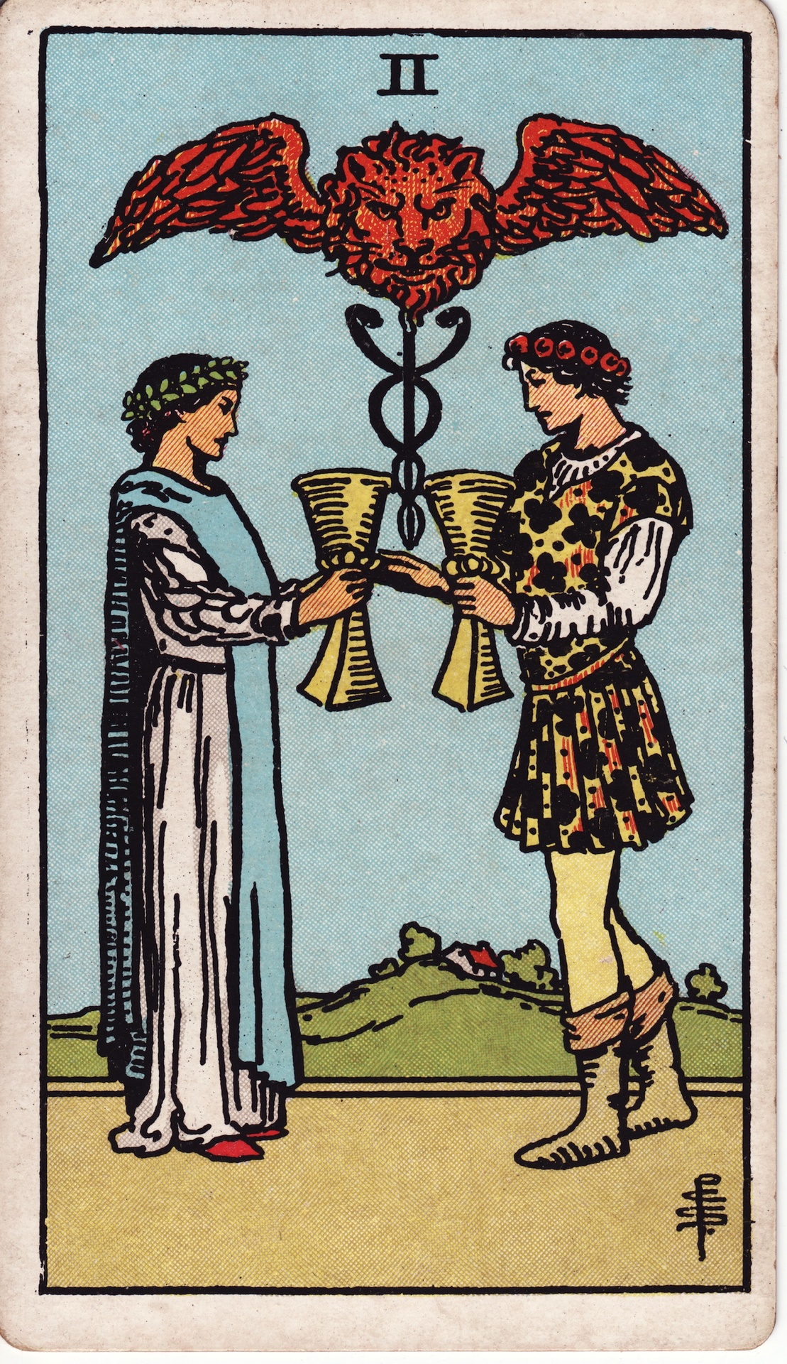 Two people face one another holding cups; intertwined snakes and a winged lion’s head appear above them.