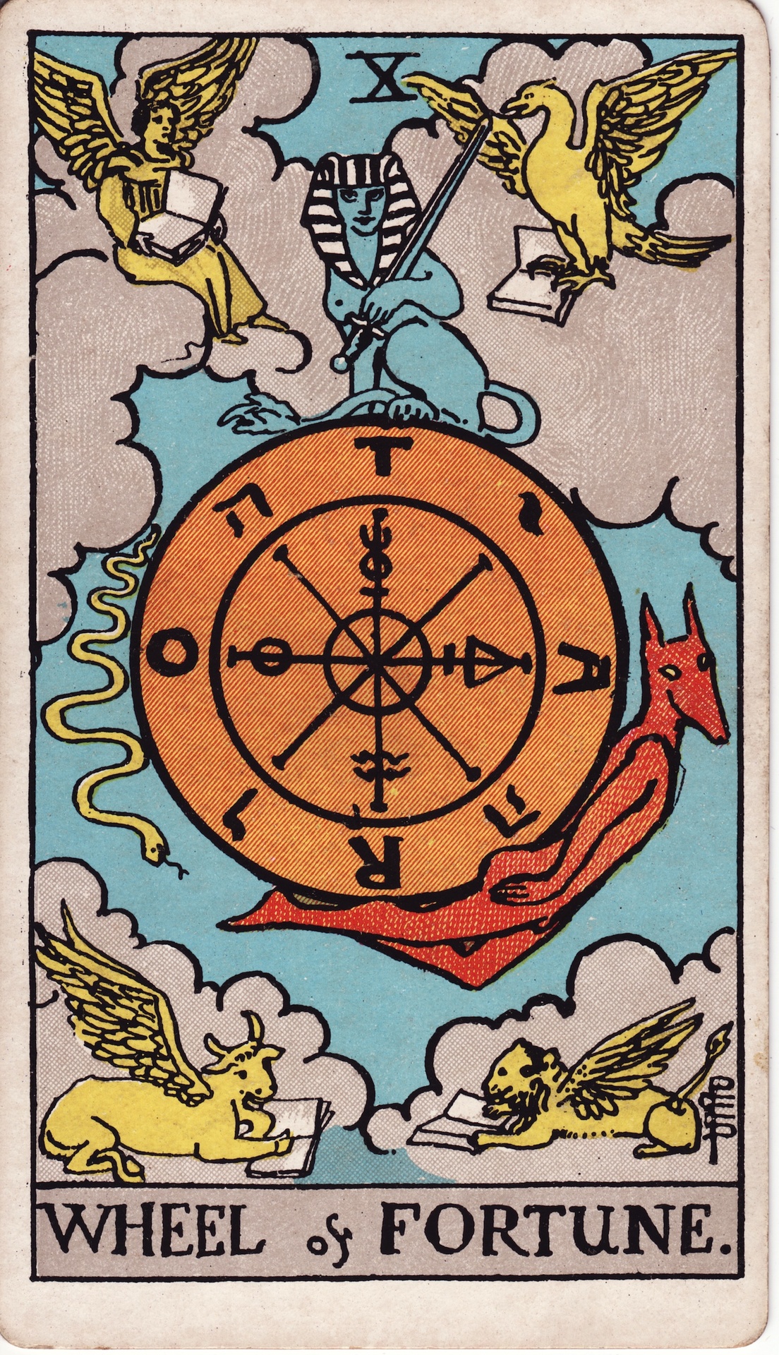 A wheel bearing letters and signs, surrounded by a sphinx, a snake, a red creature and four winged figures reading books.