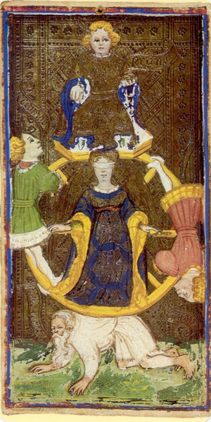 A gold-ground Wheel of Fortune with a crowned figure above, figures at either side and below, and a blindfolded woman at its centre.